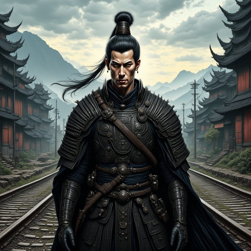 Asian Warlord Portrait on Karst Mountain Train Tracks