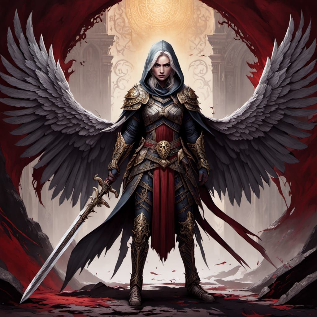 Fierce Warrior Woman with Golden Armor and Dark Wings