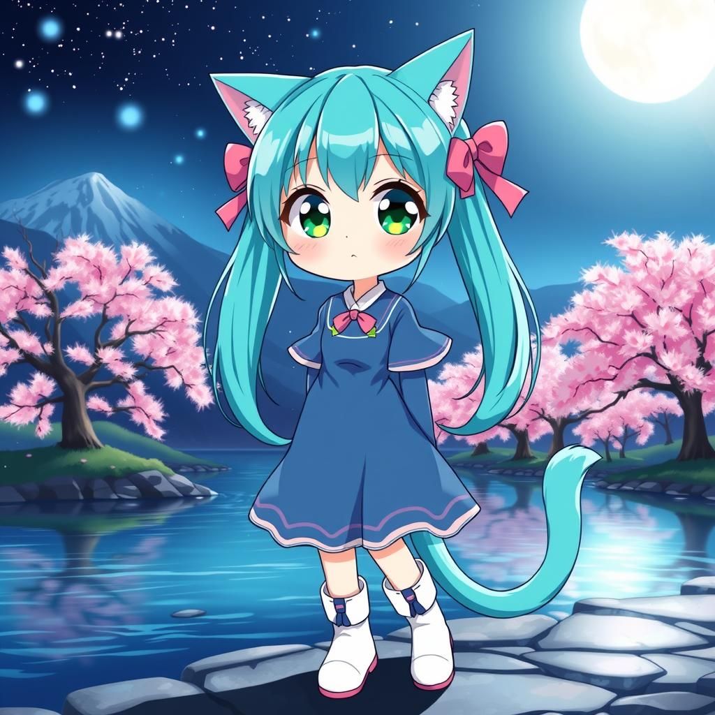 Anime Catgirl in Cherry Blossom Park at Night