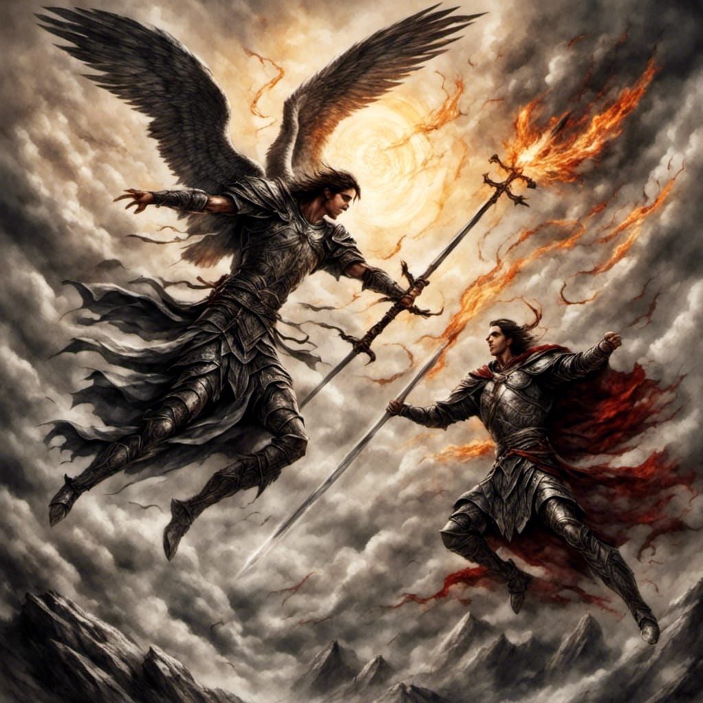 Angelic Battle: Michael vs Devil in Tattoo Style