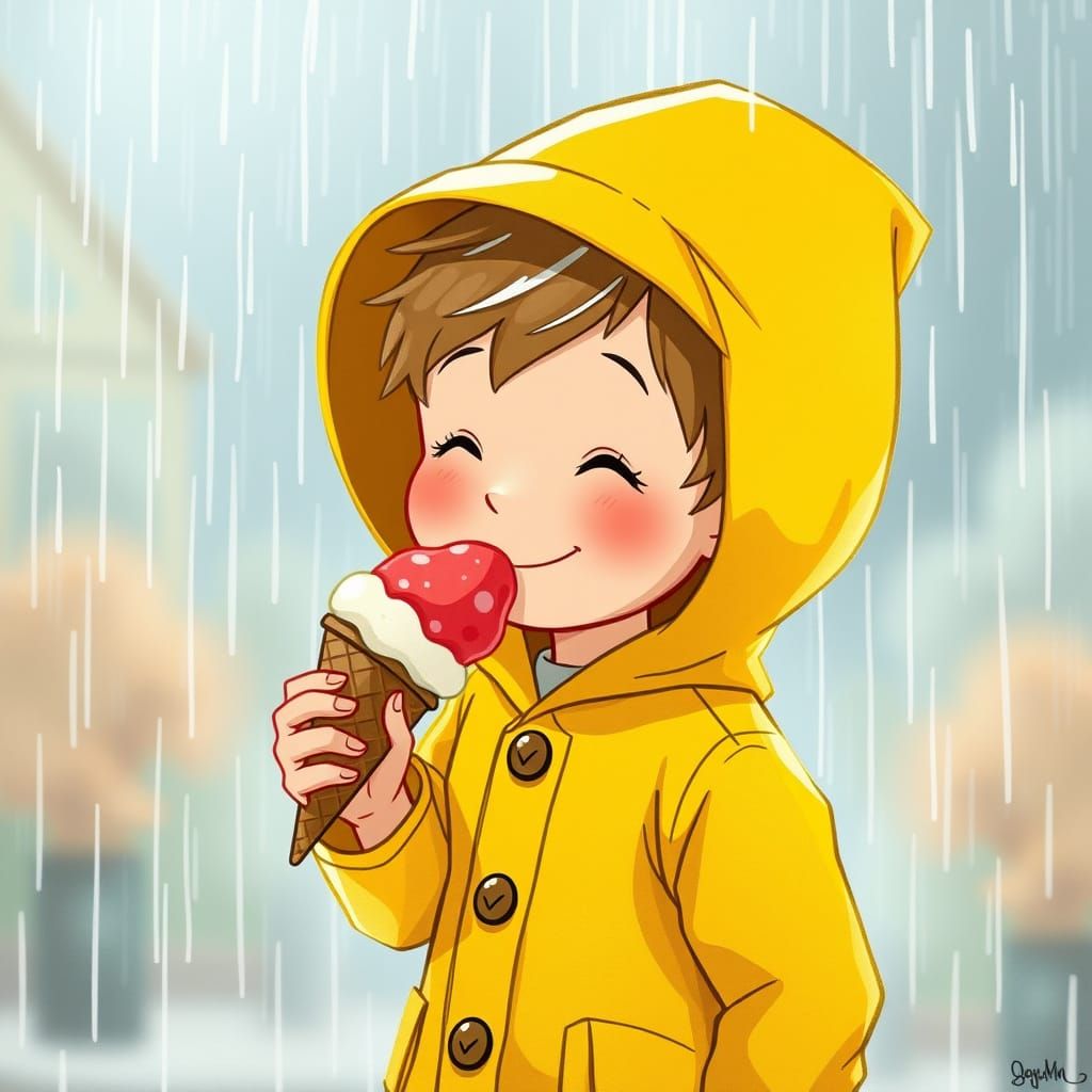 Boy with Ice Cream in Summer Rain