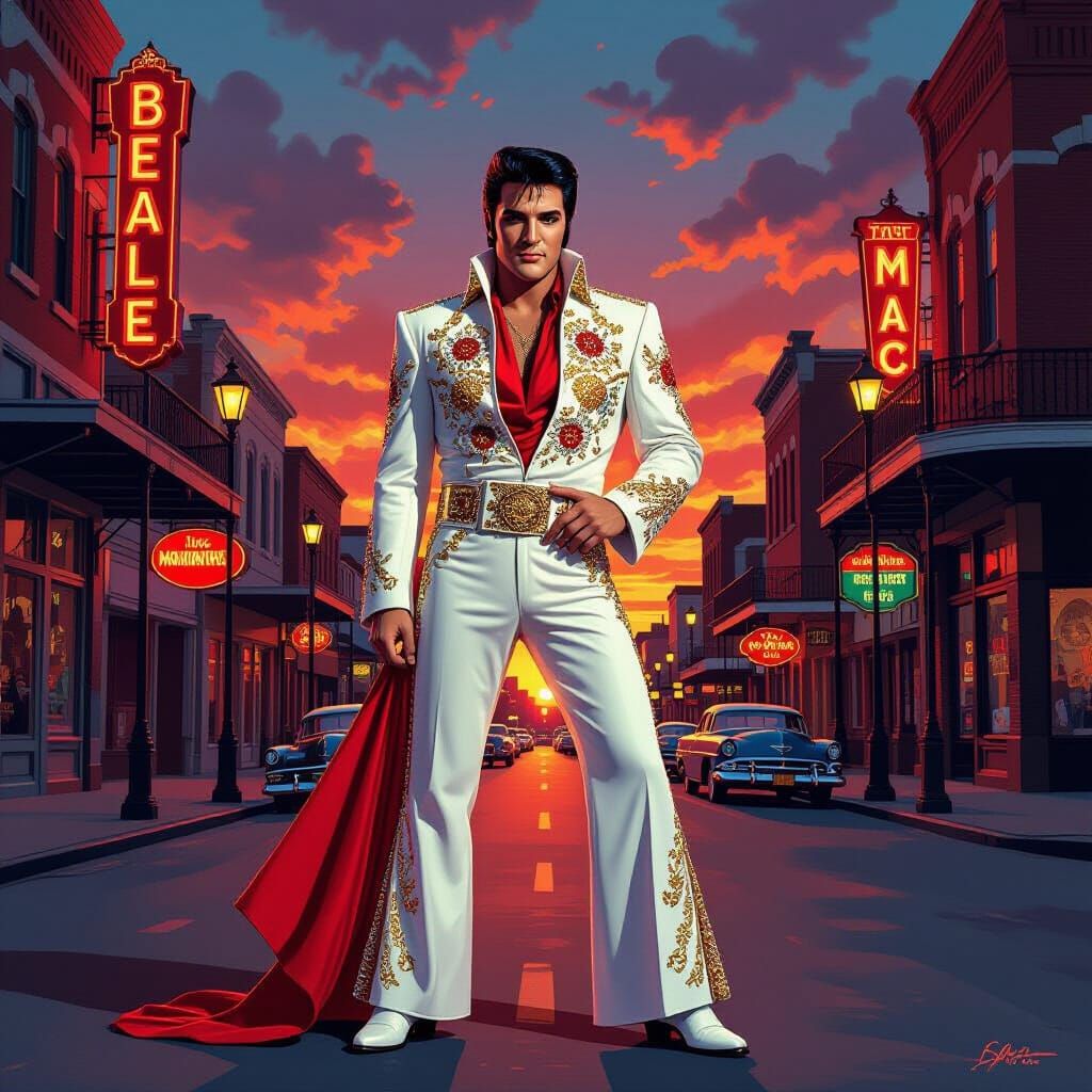 King Elvis Presley in Iconic Jumpsuit on Beale Street