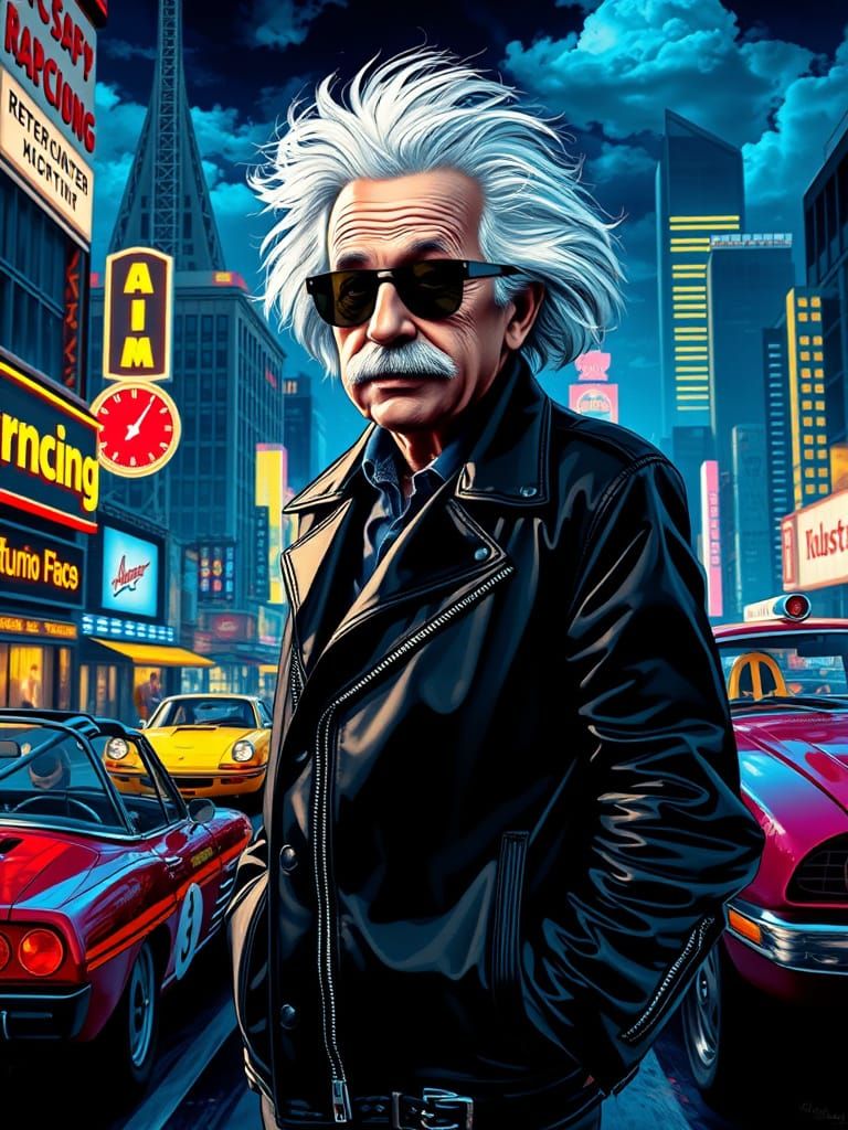 Einstein in a Cyberpunk Cityscape, Comic Book Style