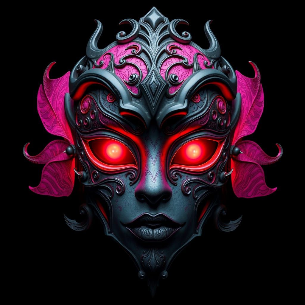 A 3d whimsical mask intertwined with vibrant pink patterns and a human face