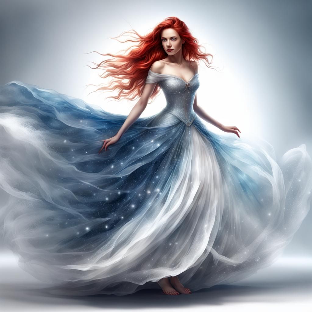 Red-Haired Princess in Flowing Water Dress
