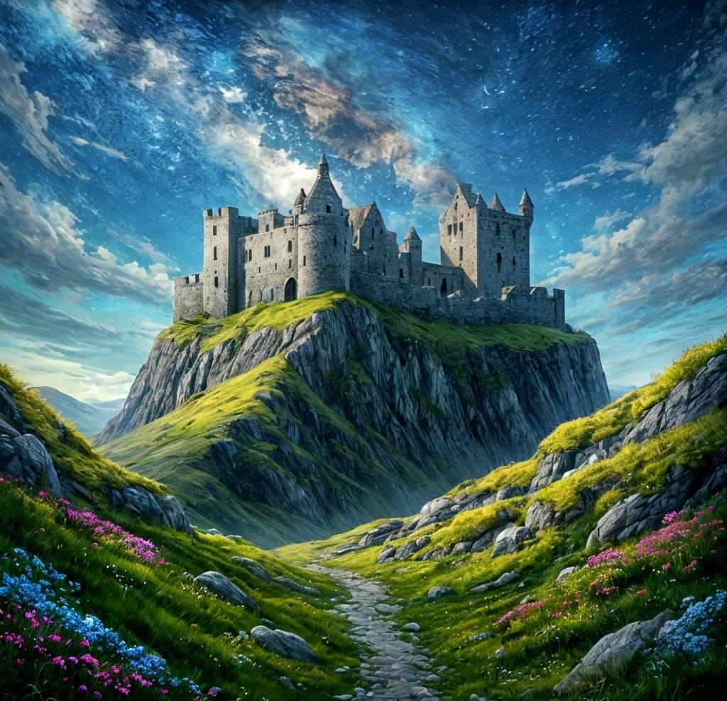 Impressionist Castle on Windswept Cliff Under Milky Way