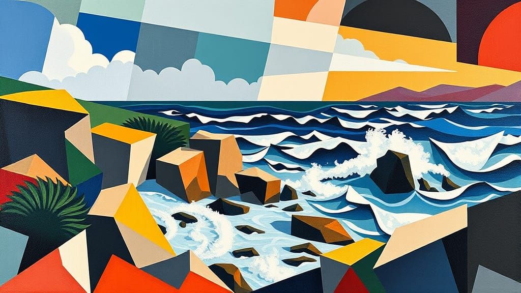 Abstract Cubist Southern Seascape in Vibrant Colors