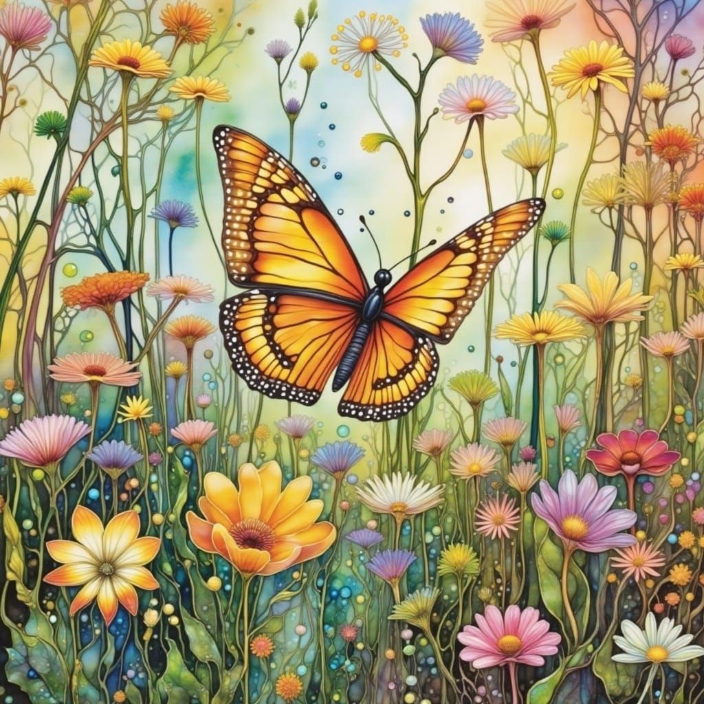 Wildflower Meadow with Butterfly in Impressionist Style