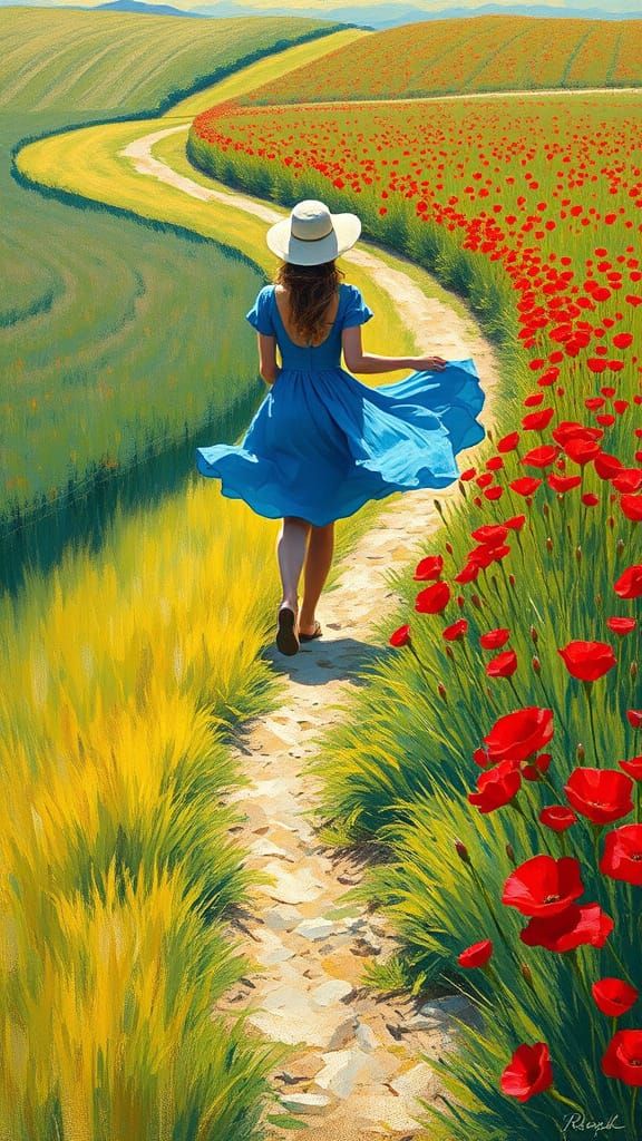 Woman in Floral Field: Impressionist Style Painting