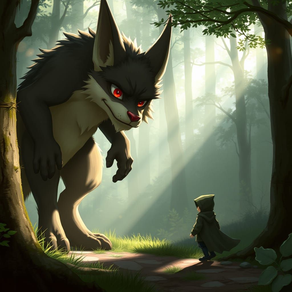 Mystical Forest Creature Observes Hooded Figure