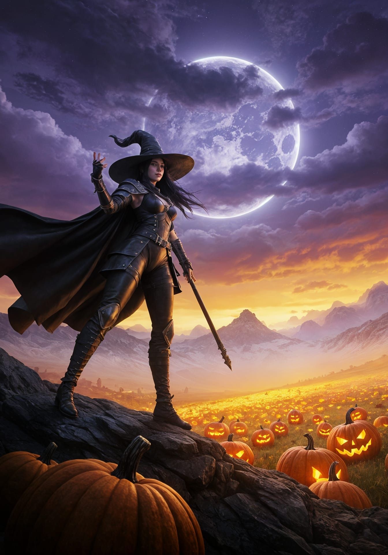 Fantasy Witch in Glowing Pumpkin Field