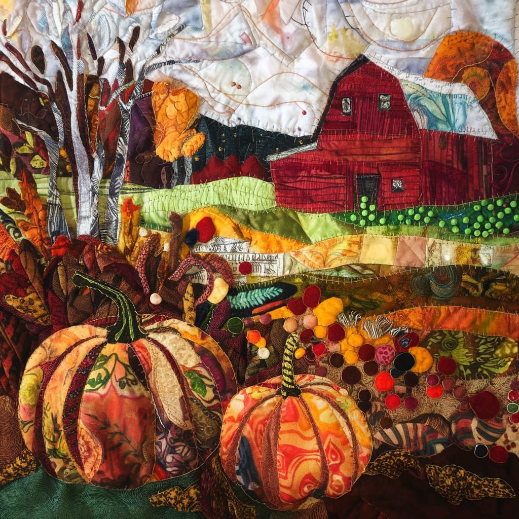 Fabric art, a work of art depicting a lush landscape using a...