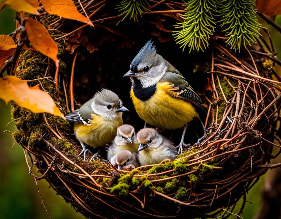 Titmouse with Chicks in Autumn Nest