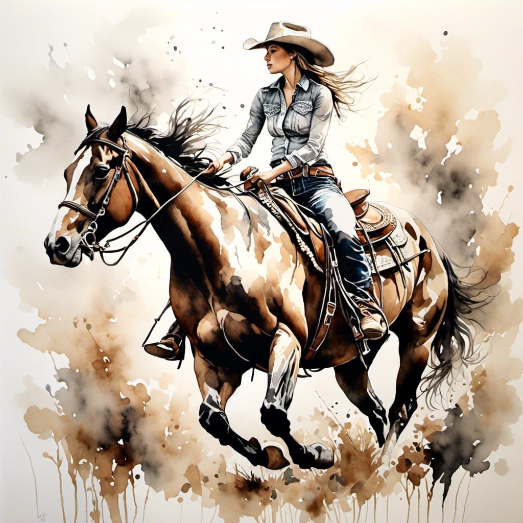 Stunning Cowgirl in Antique Watercolor Style