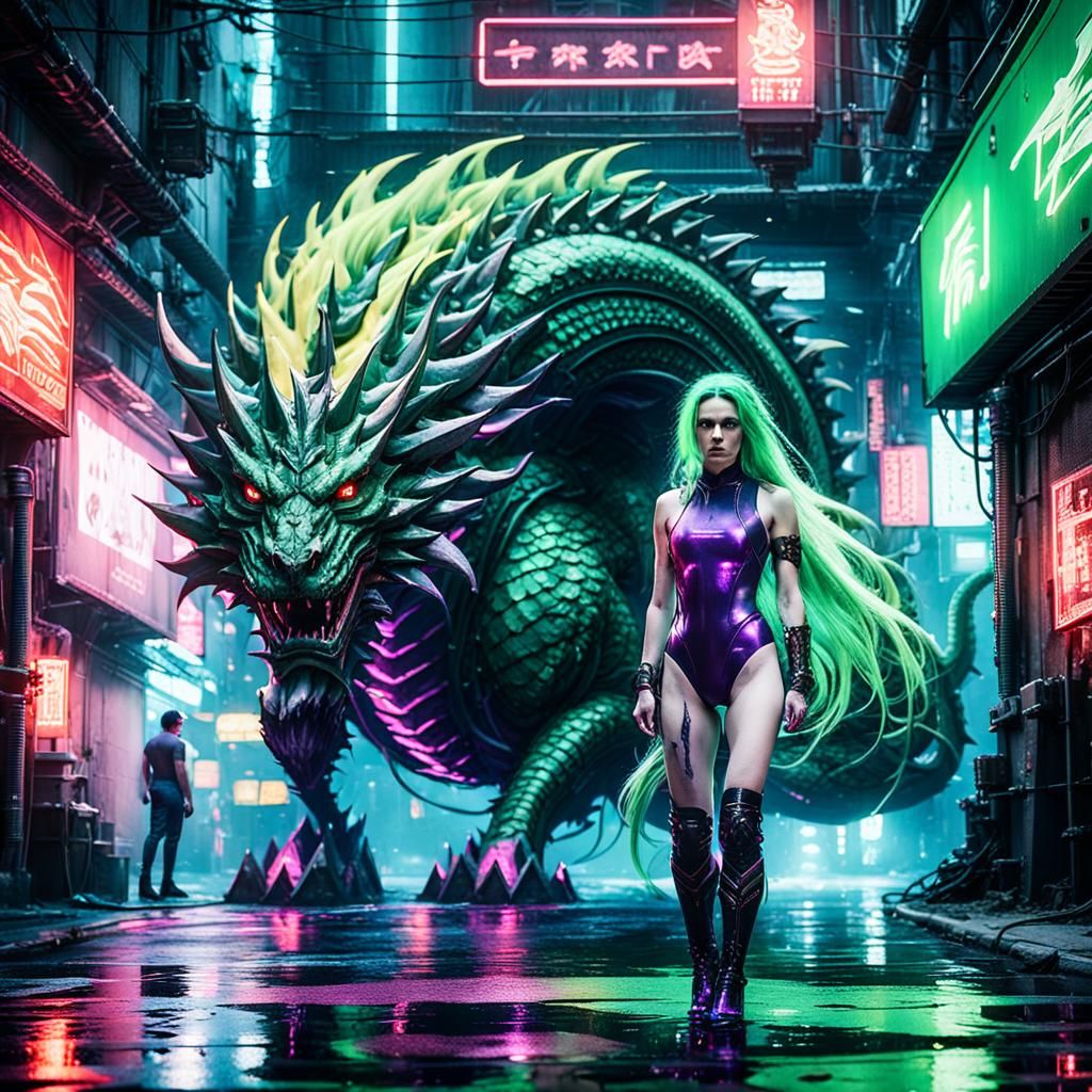 Woman in Cyberpunk Armor in Dystopian Alleyway