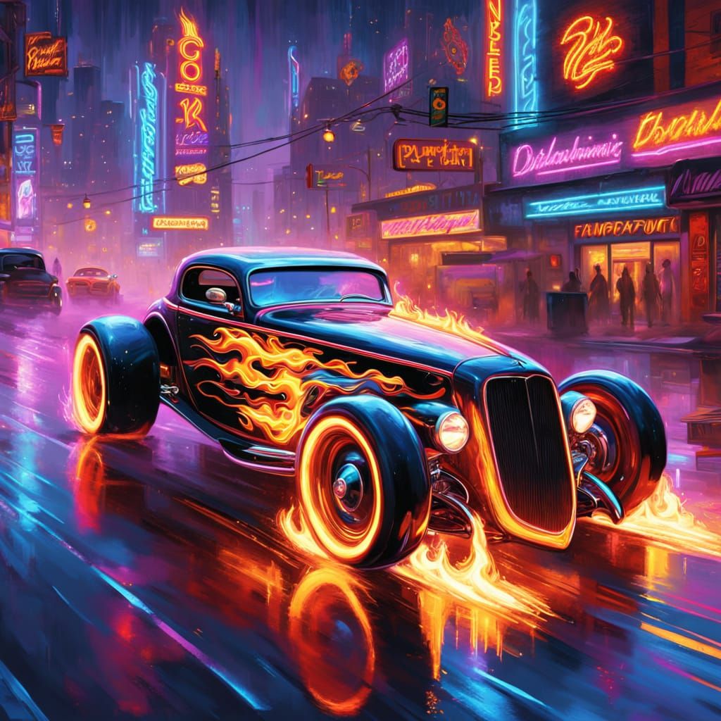 Sleek Cyberpunk Hot Rod Speeds Through Neon City