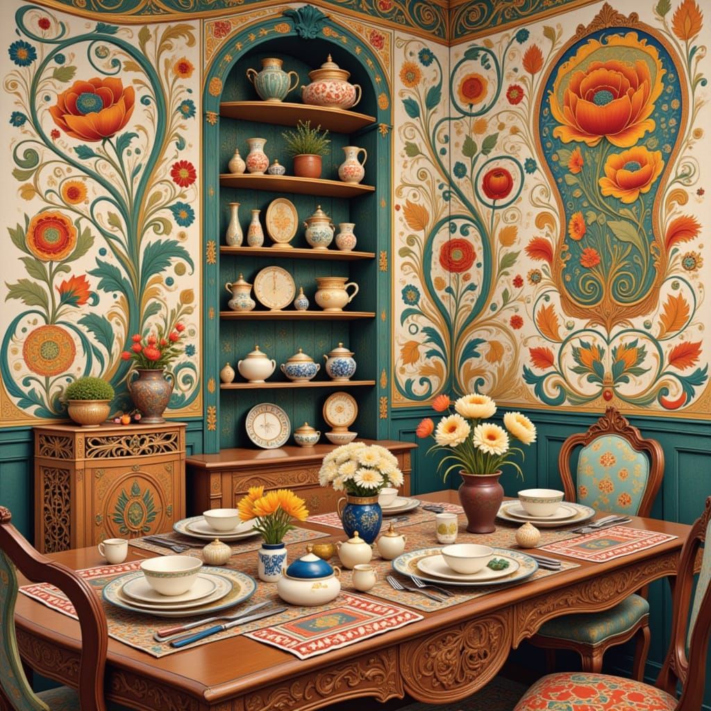 Surreal Vintage Dining Room in Folk Art Nouveau Style