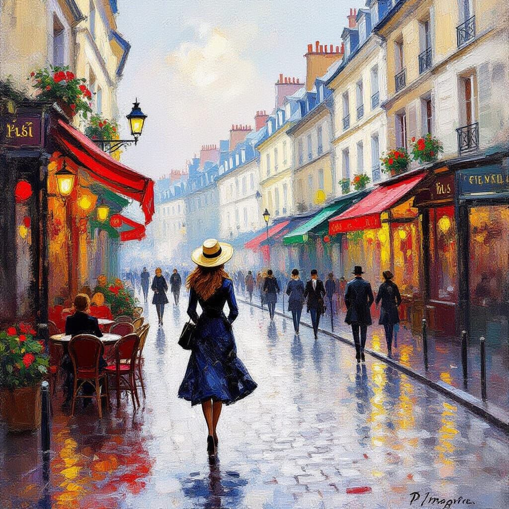 Bustling Parisian Street Scene in Impressionist Style