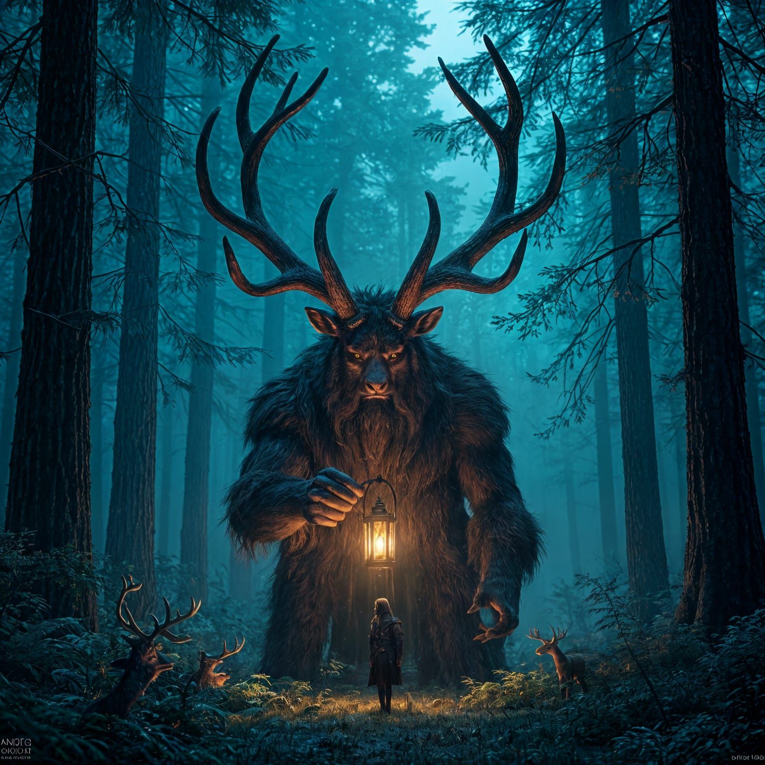 Antlered Giant Lights Lanterns in Dark Forest