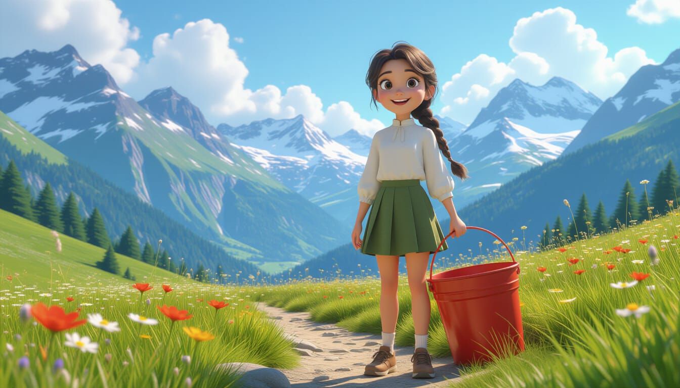 Cheerful Girl in Alpine Valley, Pixar-Style 3D Rendering