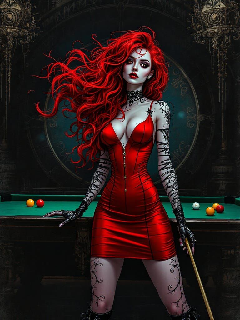 Gothic Carnival Woman in Red Dress with Pool Cue