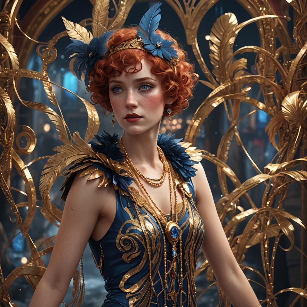 Roaring 20s Redhead in Gold Flapper Dress