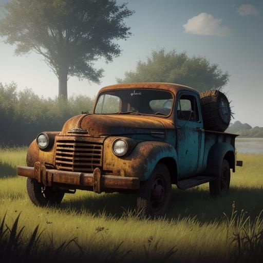 Old Rusty Truck in Field: Dark Fantasy Concept Art
