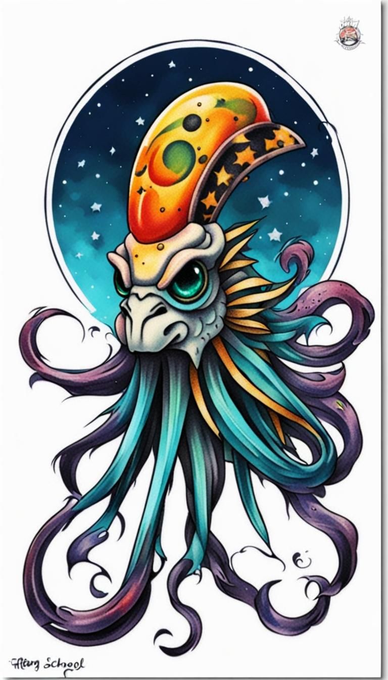 New School Tattoo Design: Bold and Vibrant