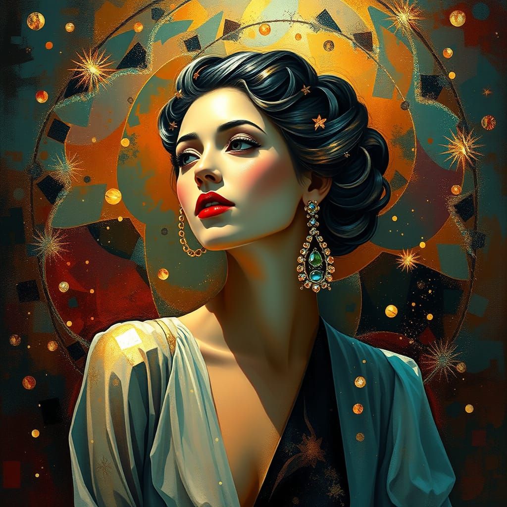 Elegant Woman Shimmers in Abstract Geometric Style