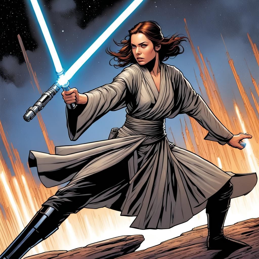 Female Jedi Lightsaber Duel in Comic Book Art