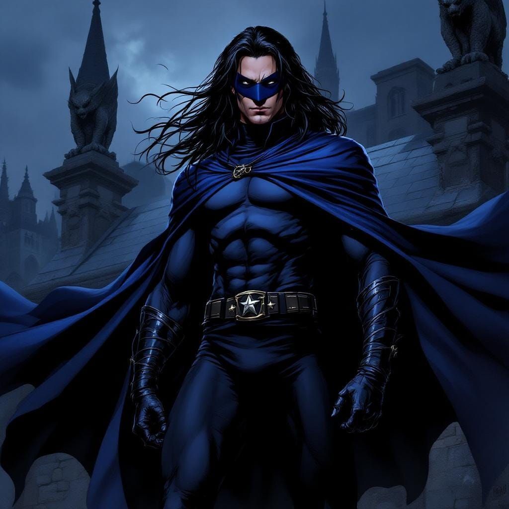 Gothic Vigilante on Rooftop in Comic Book Style