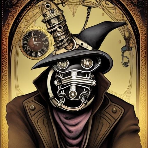 Steampunk Plague Doctor in Dystopian Cityscape