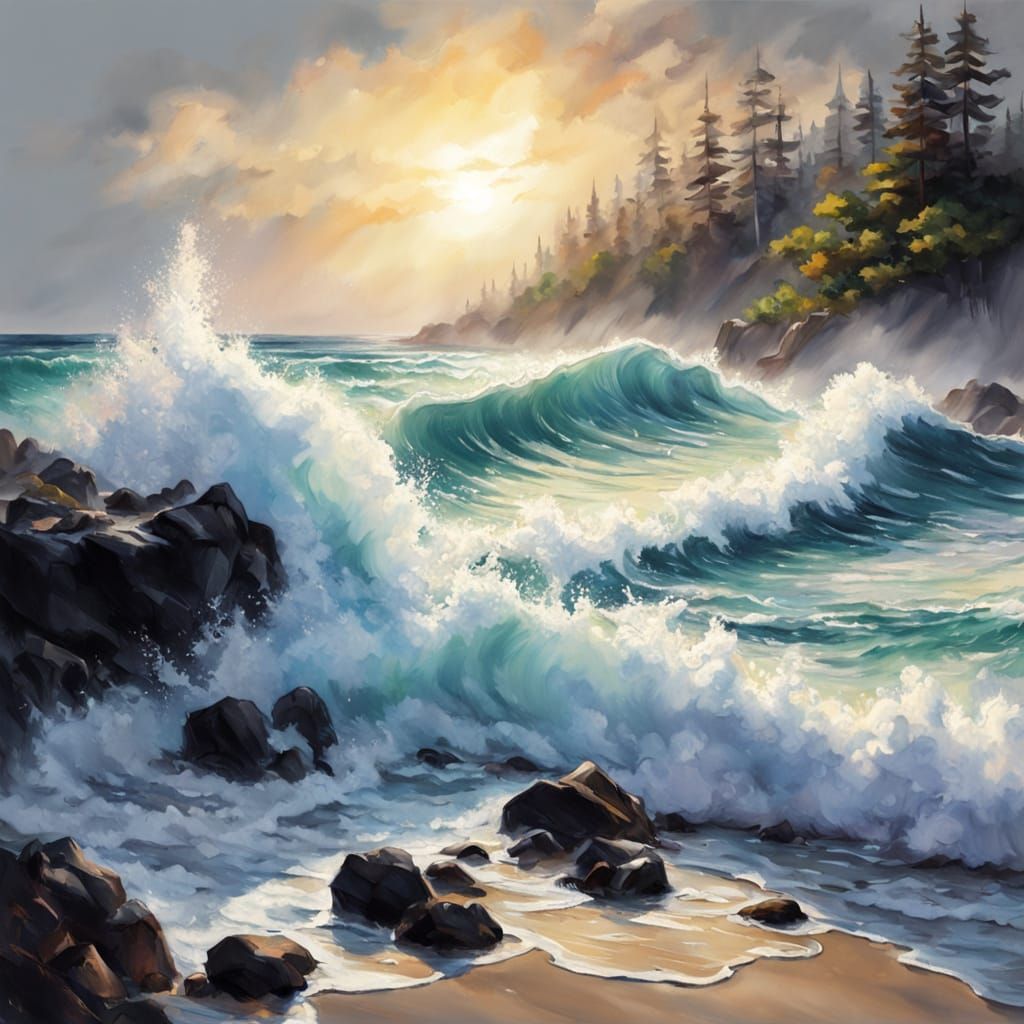 Summer Beach Charcoal Drawing in Gouache Style