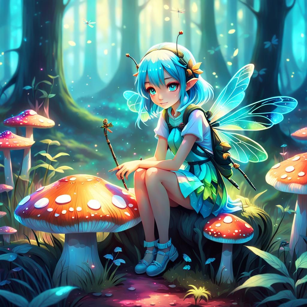 Anime Girl with Dragonfly Wings in Dreamy Forest