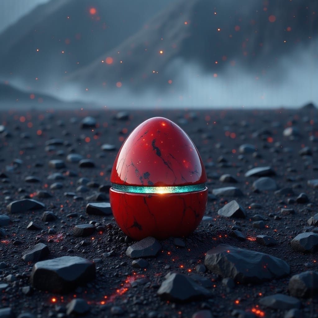 Scarlet Ceramic Egg on Volcanic Sand