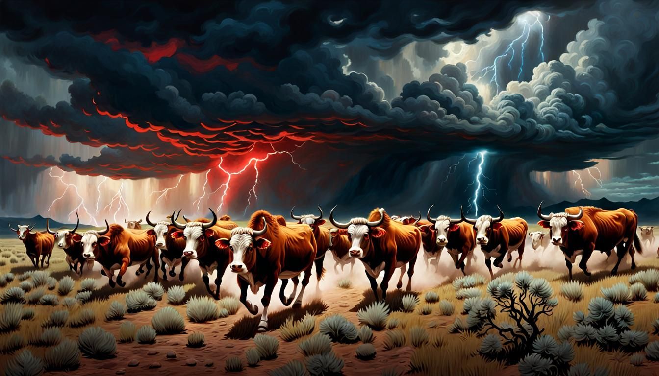 Ghostly Cattle Herd in Stormy Sky, Fantasy Oil Painting