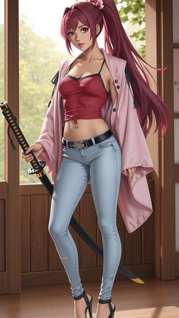 Anime Warrior Woman with Katana in Realistic Style