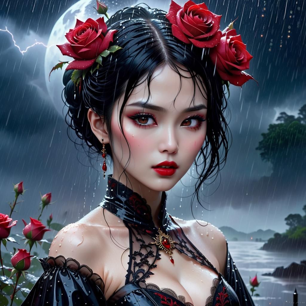 Gothic Asian Vampire in Rainy Fantasy Art