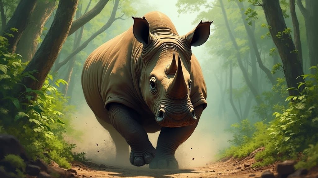 Majestic Javan Rhino Charging, Expressive Digital Art