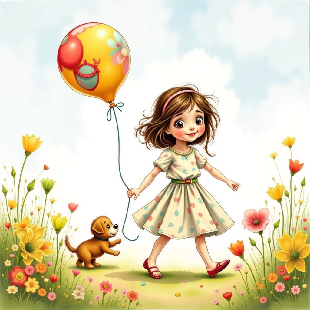 Girl and Puppy in Whimsical Storybook Illustration