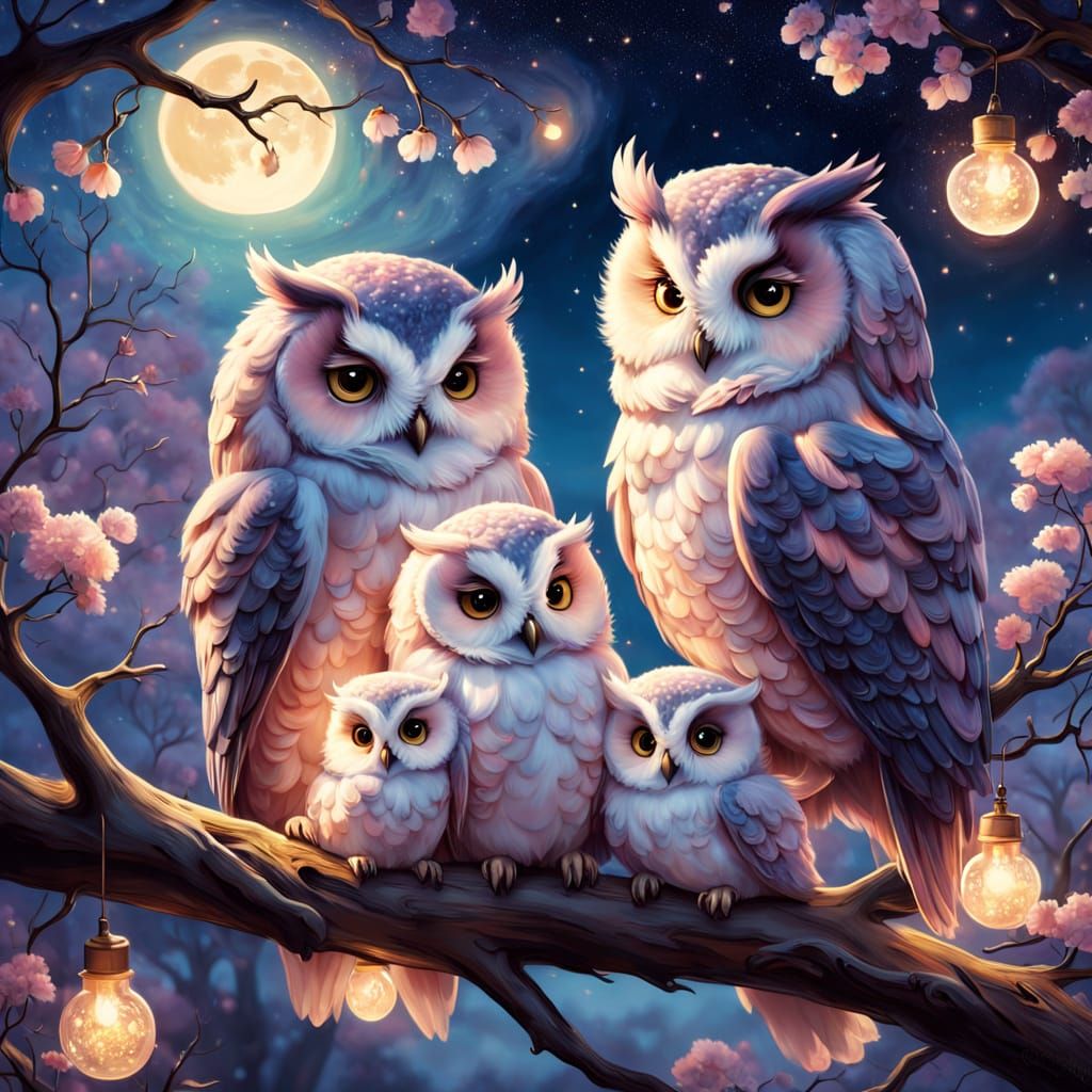 Mother Owl and Her Fluffy Babies in a Whimsical Romanticism ...