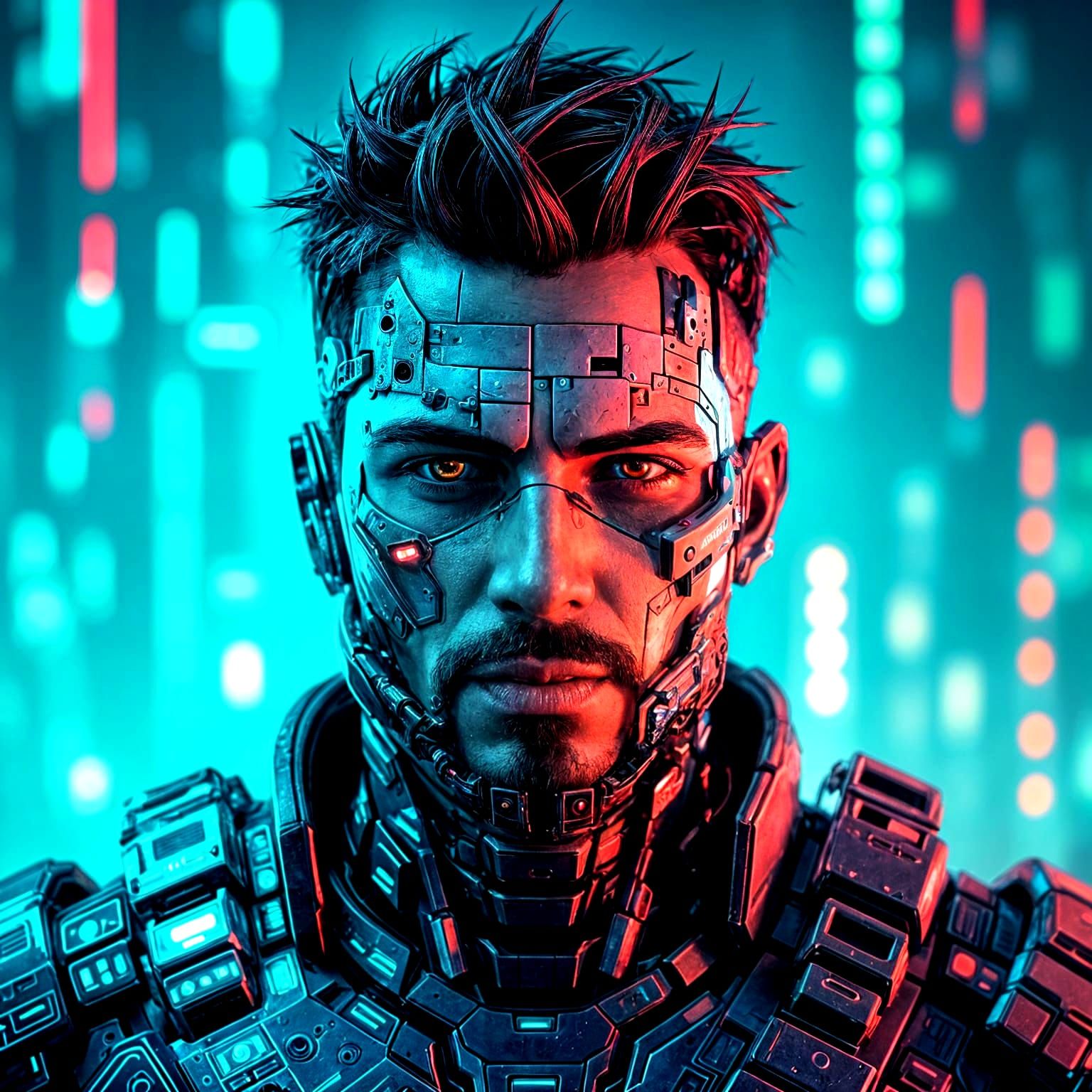 Futuristic Cyborg Warrior Portrait in Cyberpunk Style