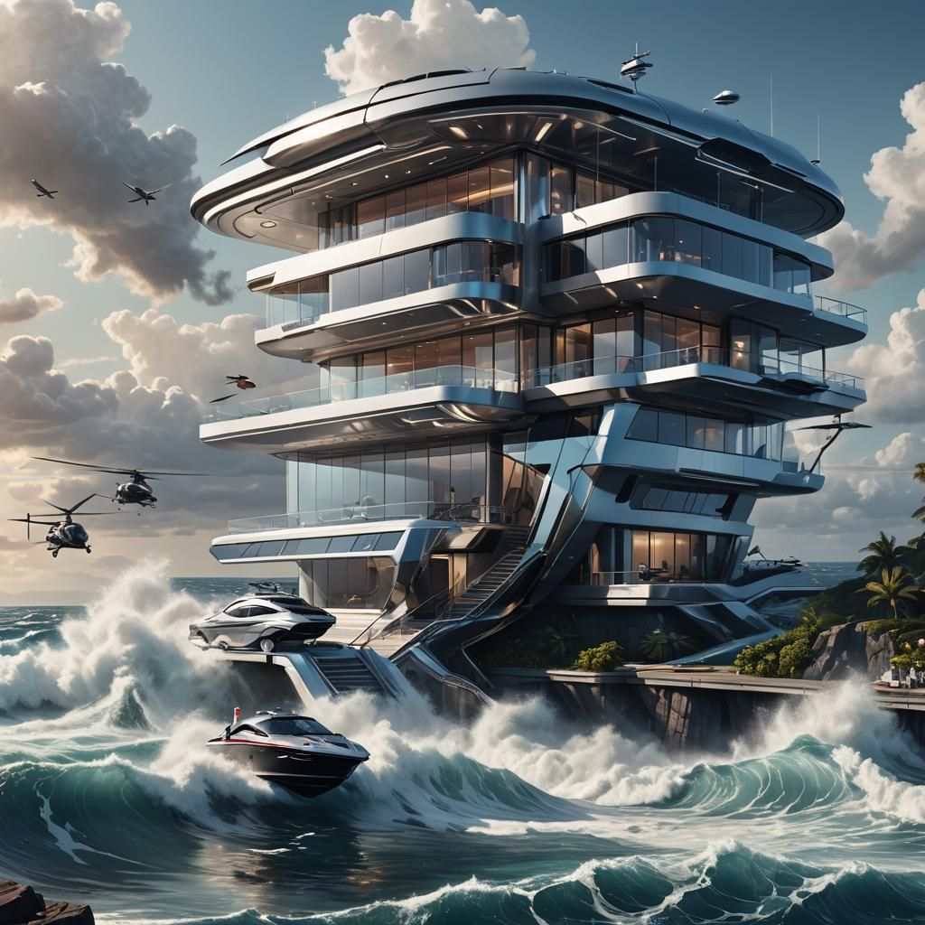 Futuristic Silver Villa Overlooking Tropical Ocean