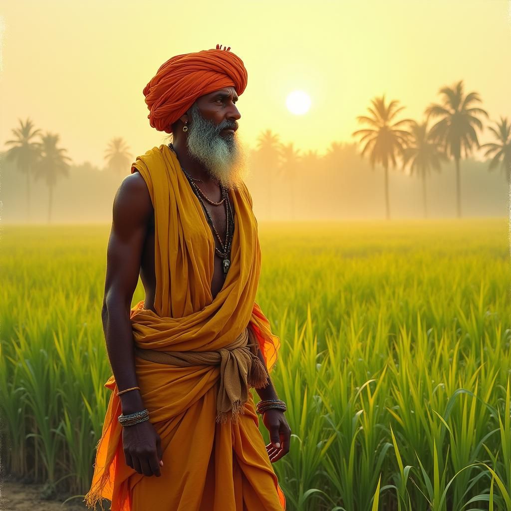 Indian Farmer in Paddy Field, Folk Art Style