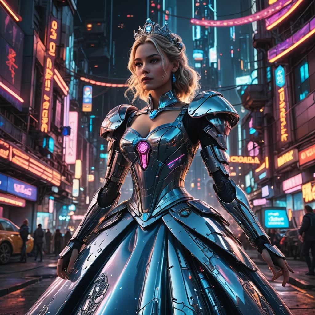 Cyberpunk Princess in Futuristic Cityscape