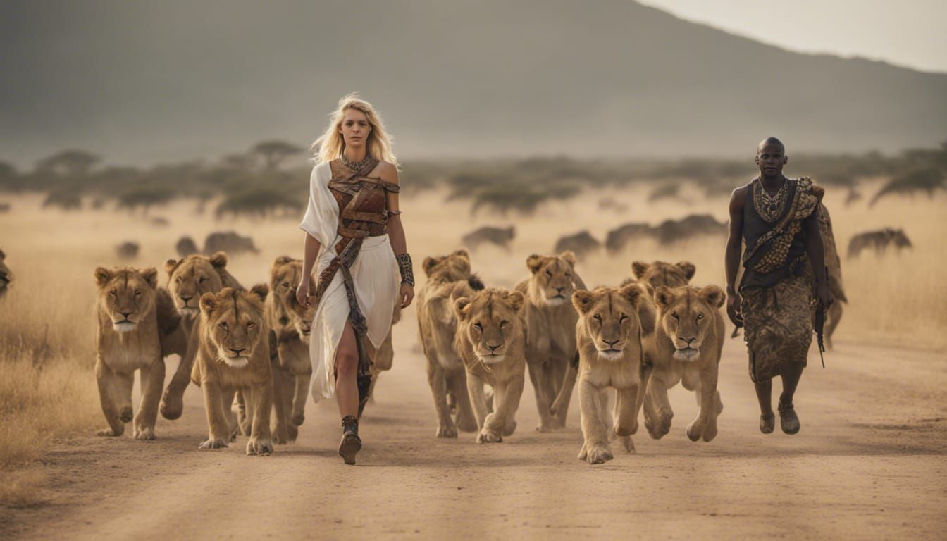 Warrior Princess and Tribe on African Plains