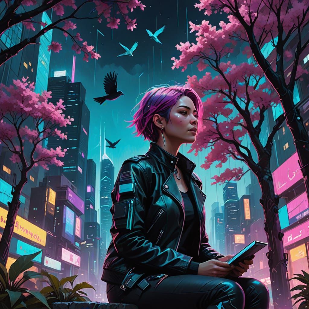 Cyberpunk Woman in Neon Garden at Twilight