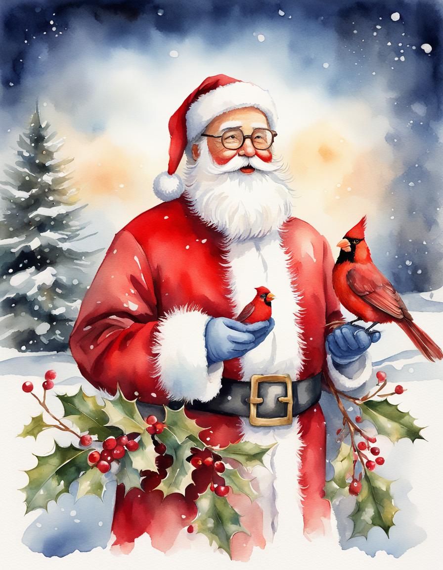 Vintage Christmas Watercolor Art of Santa Claus with Cardina...