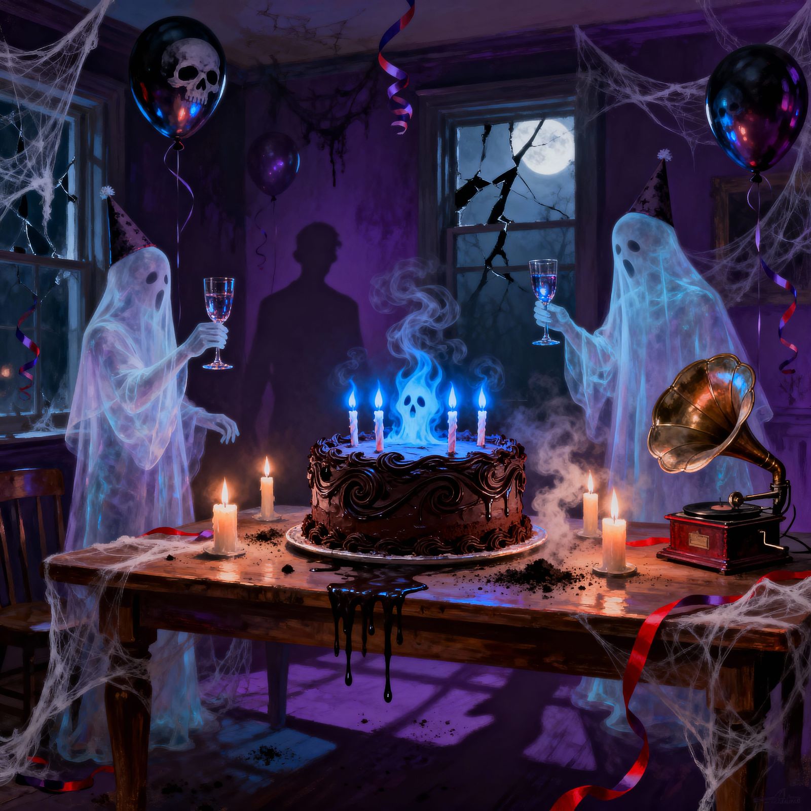 Surreal Spooky Birthday Celebration in Cinematic Realism