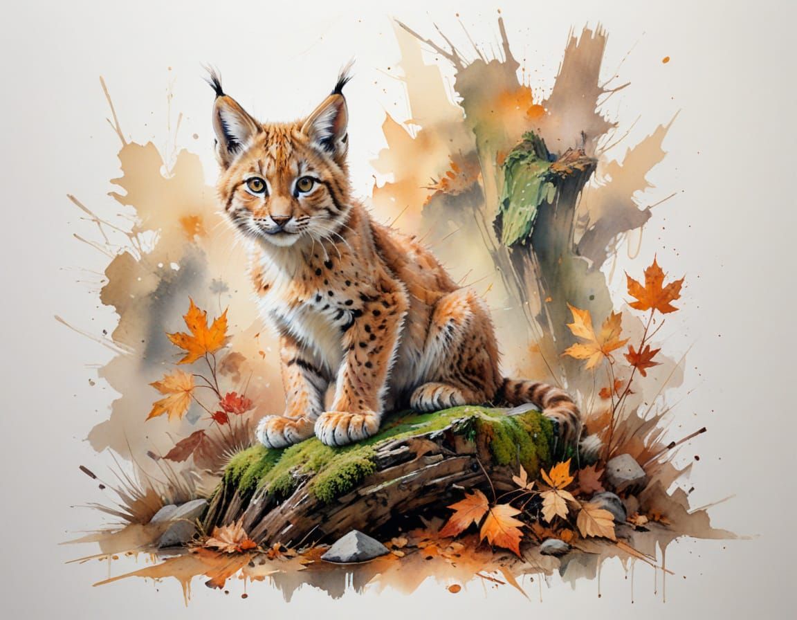 Eurasian Lynx Kitten on Mossy Log in Autumn Watercolour